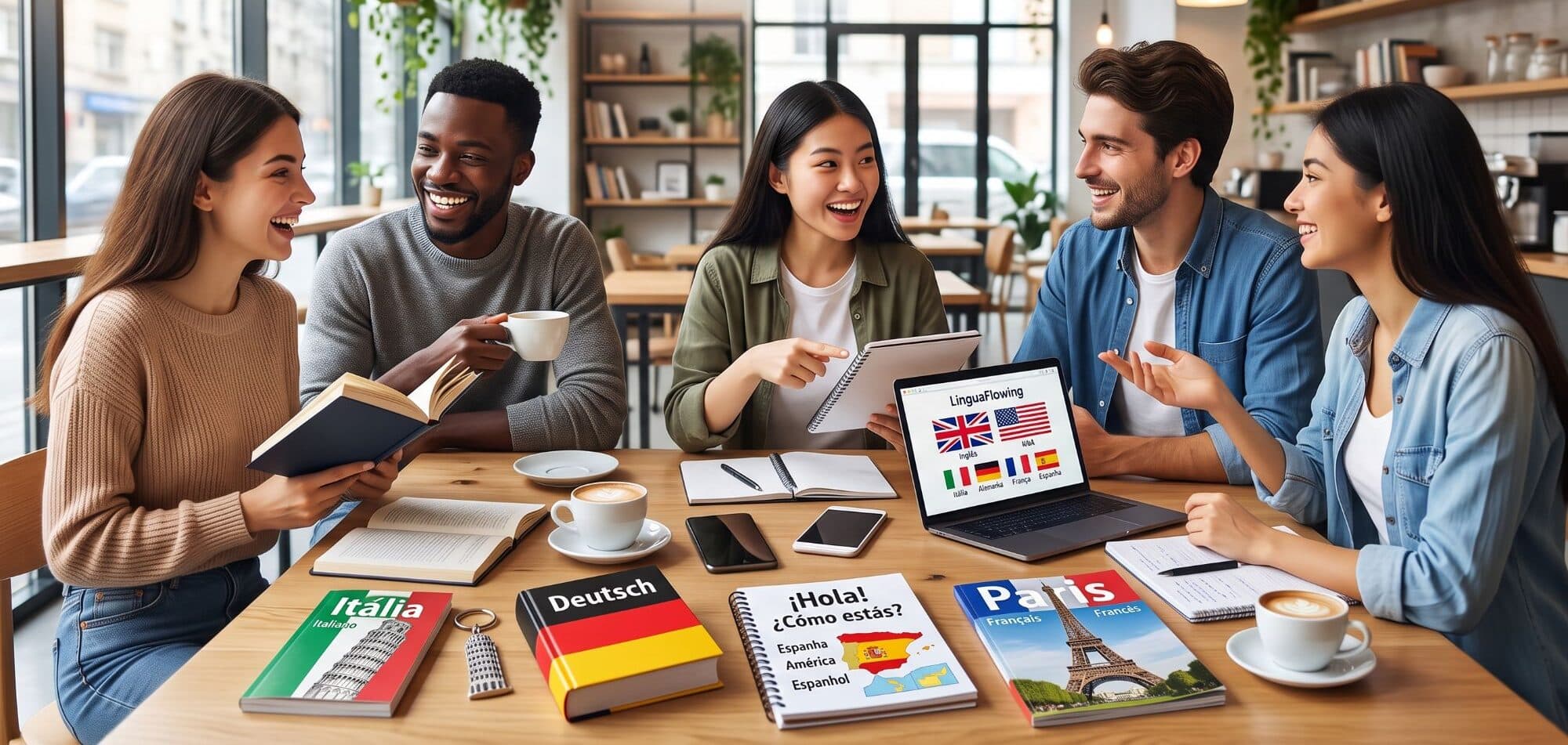 Cinco pessoas conversando e rindo à mesa de um café, com livros de italiano, alemão, espanhol e francês e um notebook aberto sobre a mesa.